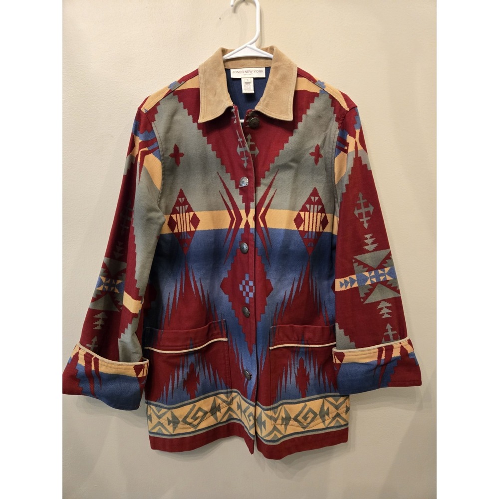 Vintage Jones New York Sport Southwest Aztec Cotton Jacket Leather Trim Small
